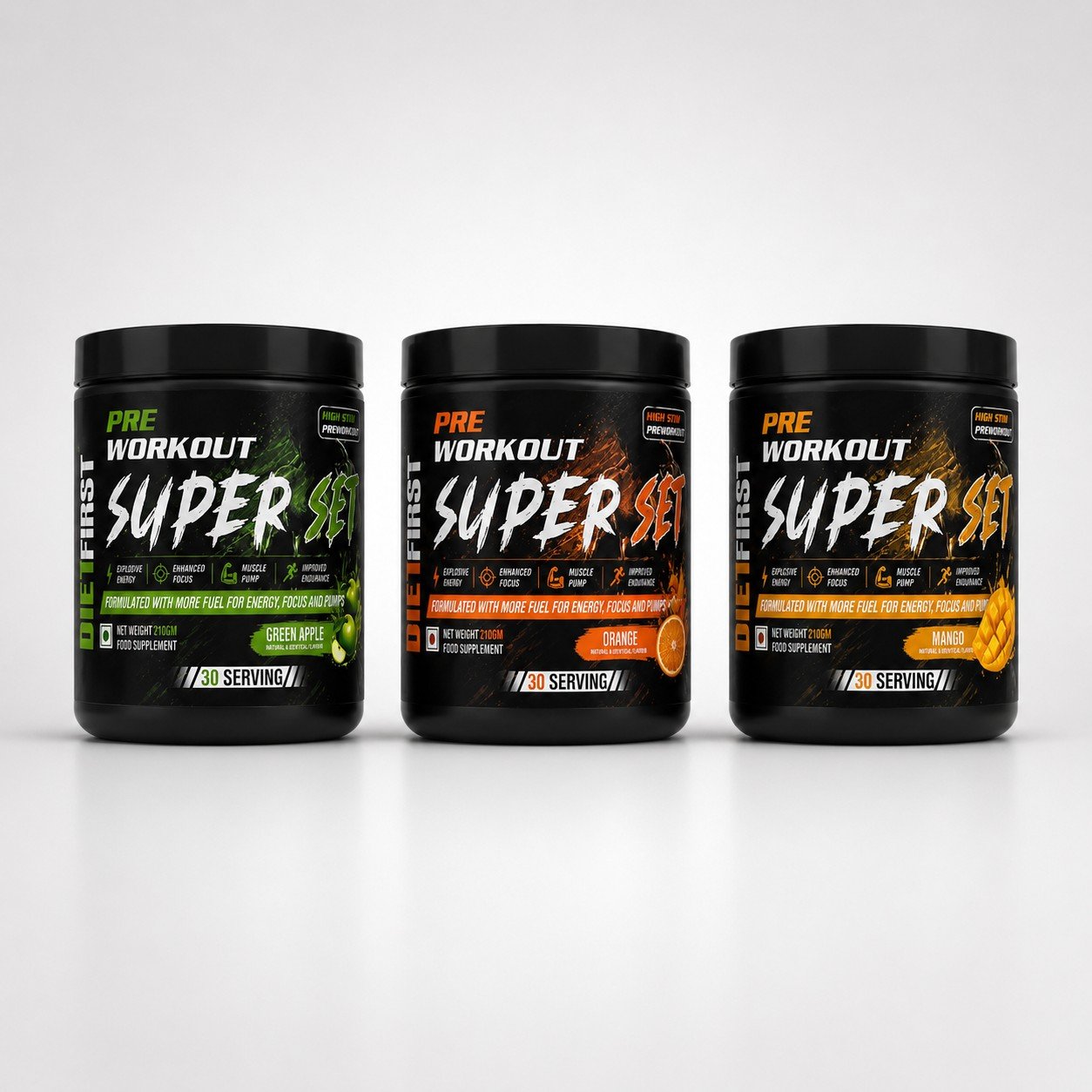 Super Set Pre Workout Green Apple, Orange and Mango flavour range