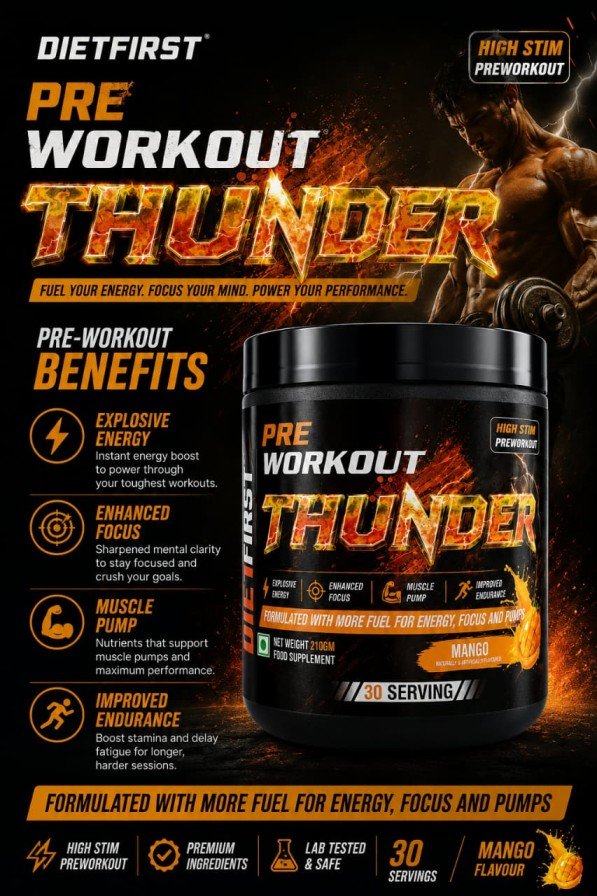 DietFirst Thunder pre-workout range in Green Apple, Orange and Mango flavours