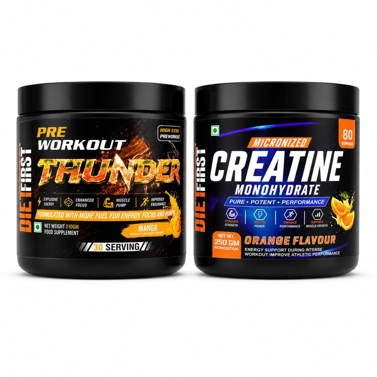 DietFirst Workout Combo with Thunder Mango Pre Workout and Orange Micronized Creatine